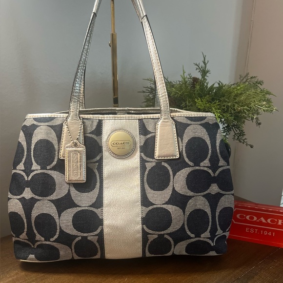 Coach Denim Framed Kisslock Tote - Picture 1 of 15